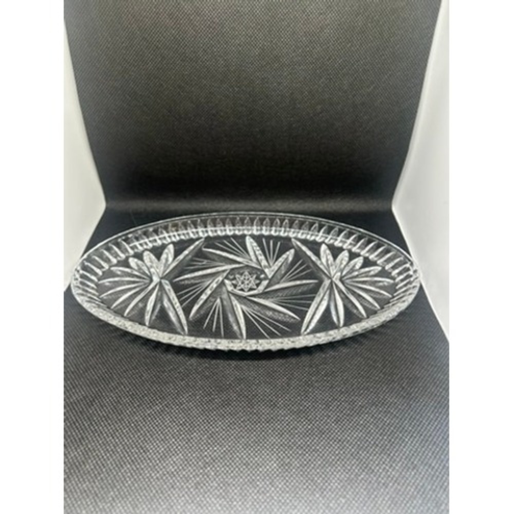 Vintage Cut Glass Oval Serving Tray Pinwheel Star Scalloped Sawtooth Rim 8 inch